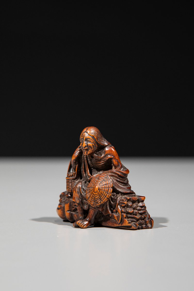 Netsuke en bois de buis représentant Ono no Komachi-photo-2