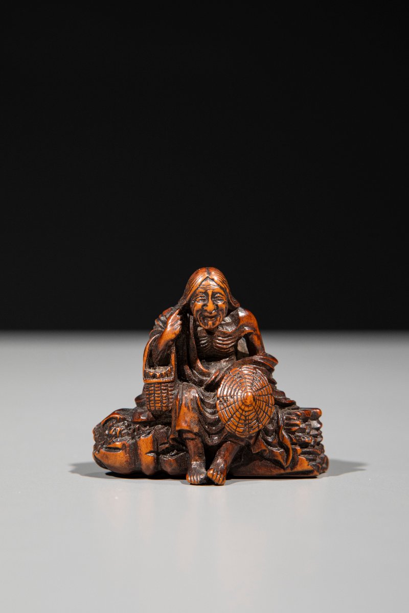 Netsuke en bois de buis représentant Ono no Komachi