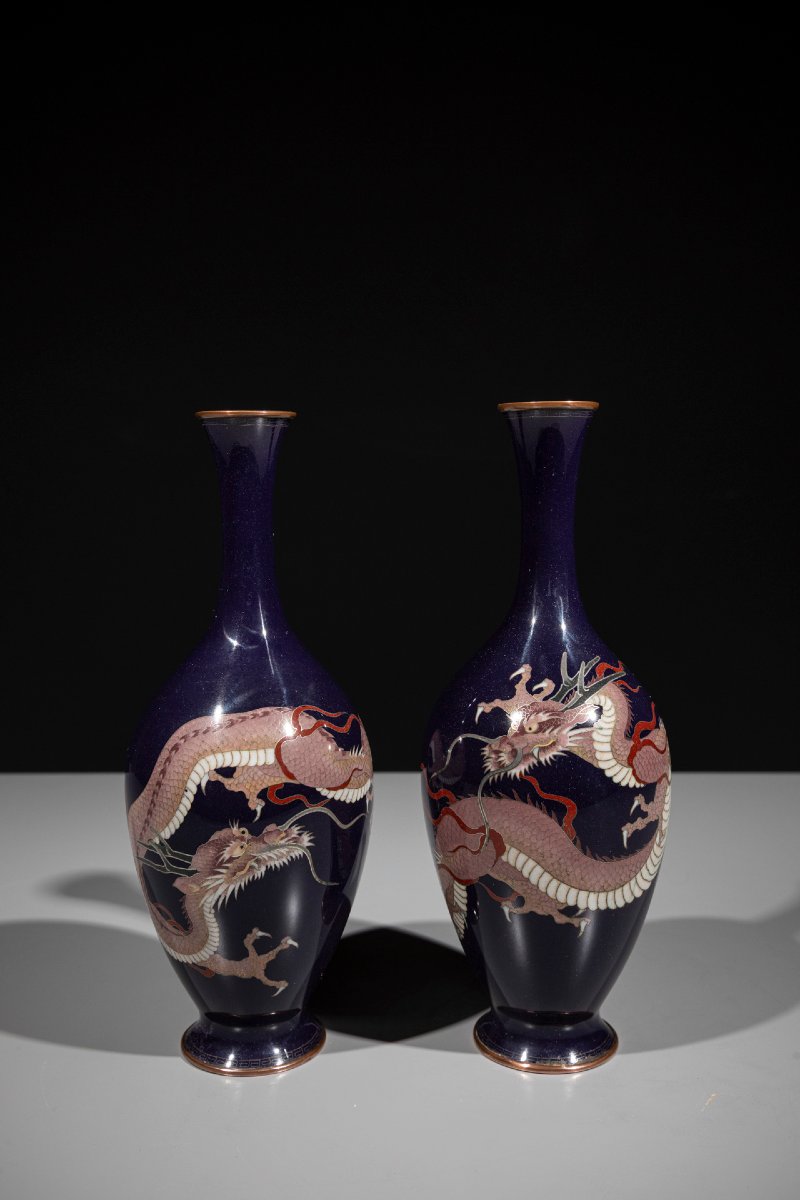 A Pair Of Cloisonné Vases With Confronting Dragons