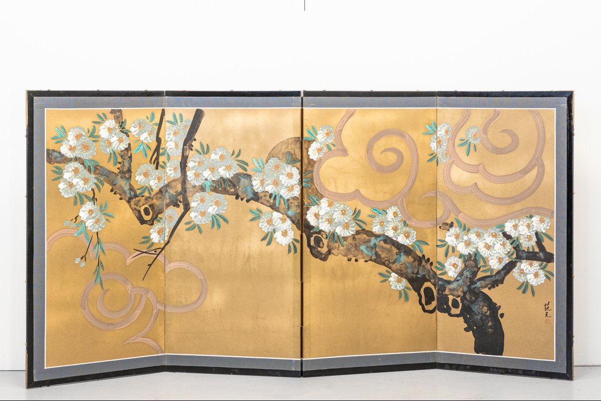 A Four-panel Screen With A Sakura Cherry Blossom Branch-photo-2