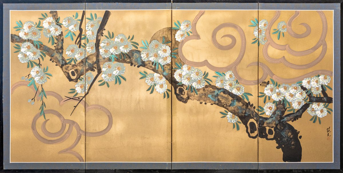 A Four-panel Screen With A Sakura Cherry Blossom Branch
