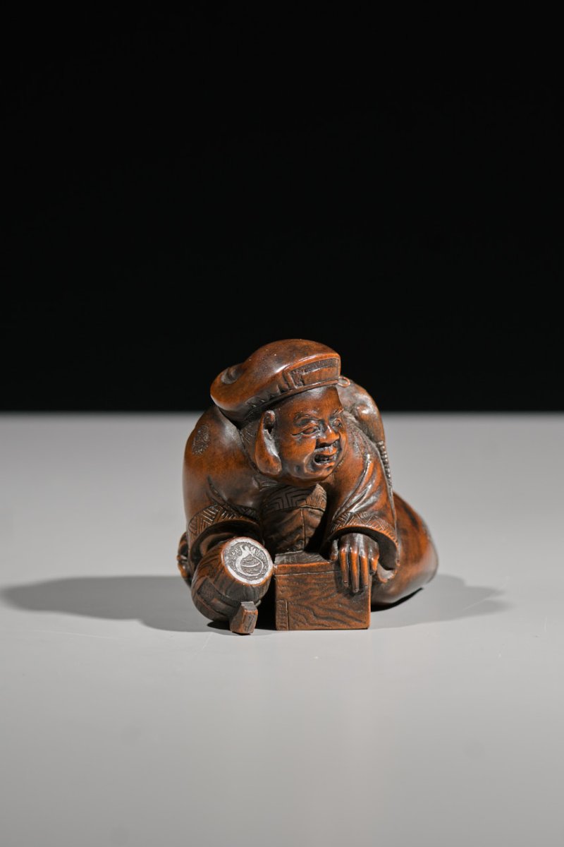 A Boxwood Okimono Of Daikokuten With A Mouse-photo-2