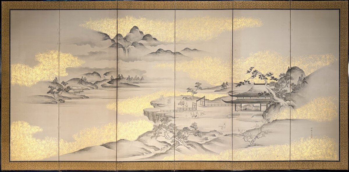 Paravent à six panneaux représentant un paysage lacustre à l’encre et à la poudre d’or