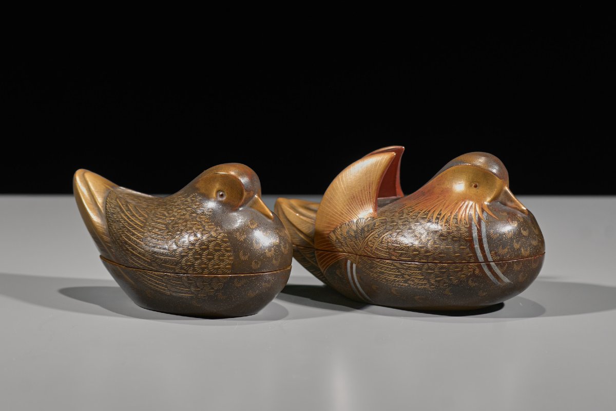 Paire de kōgō en laque en forme de canards mandarins