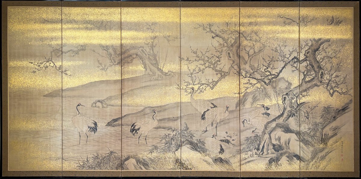 Paravent à six panneaux aux grues de Mandchourie, signé Kanō Eigaku