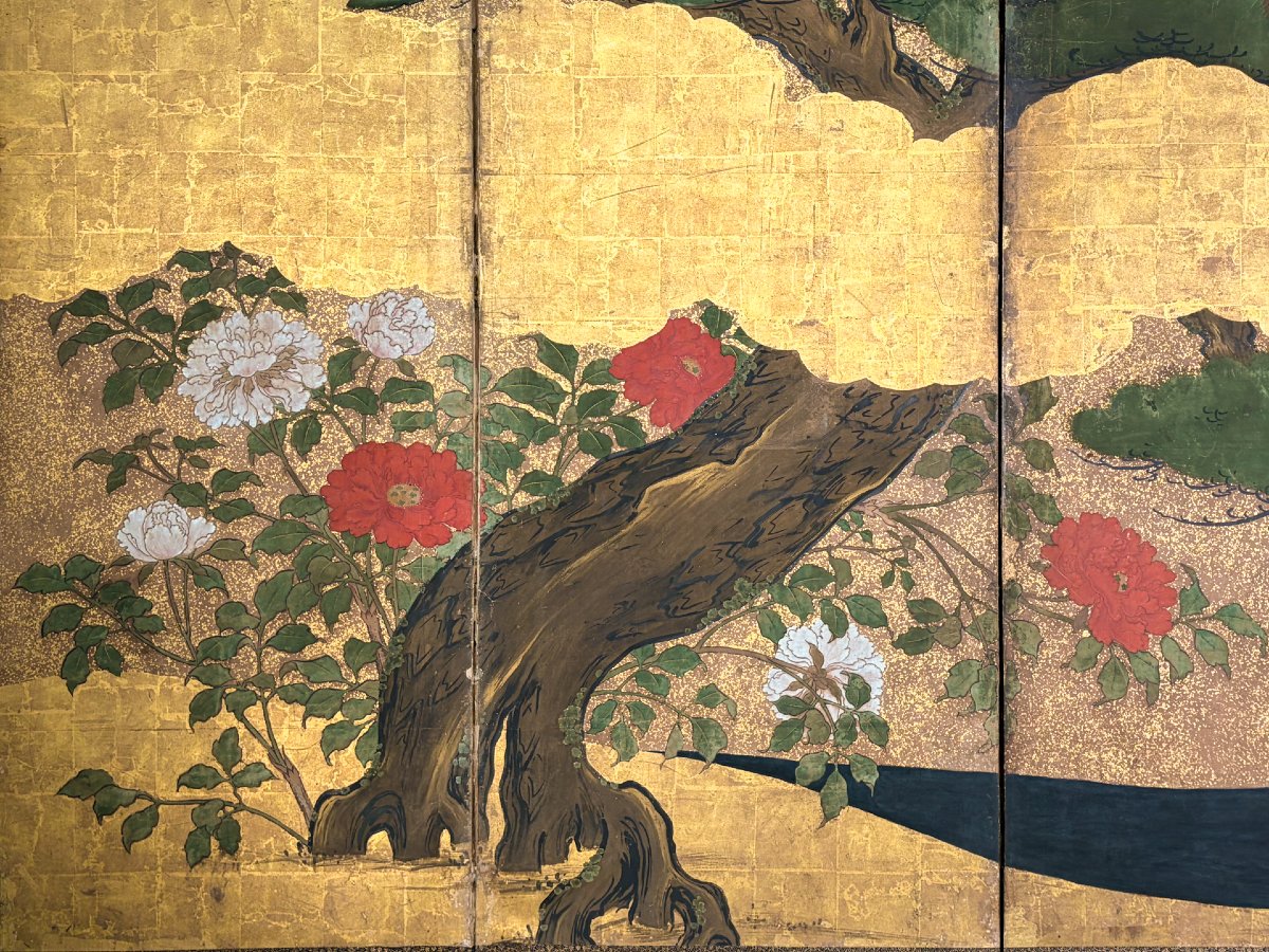 A Six-panel Gold Leaf Screen With Cranes Beneath A Majestic Pine-photo-2