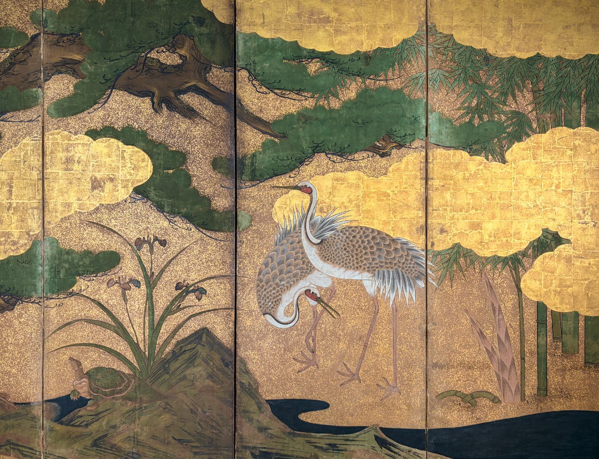 A Six-panel Gold Leaf Screen With Cranes Beneath A Majestic Pine-photo-3