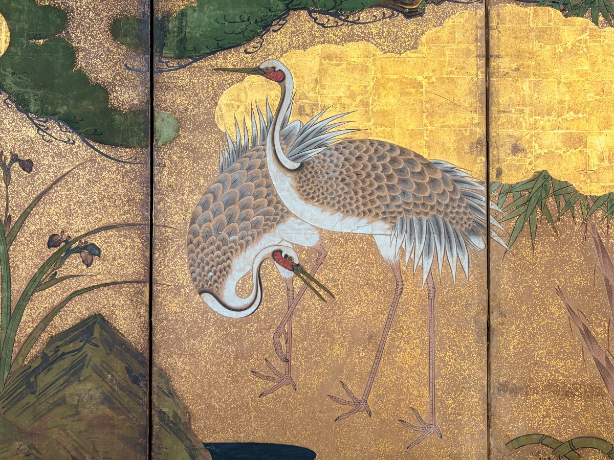 A Six-panel Gold Leaf Screen With Cranes Beneath A Majestic Pine-photo-4