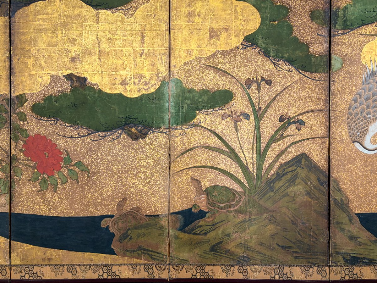 A Six-panel Gold Leaf Screen With Cranes Beneath A Majestic Pine-photo-2