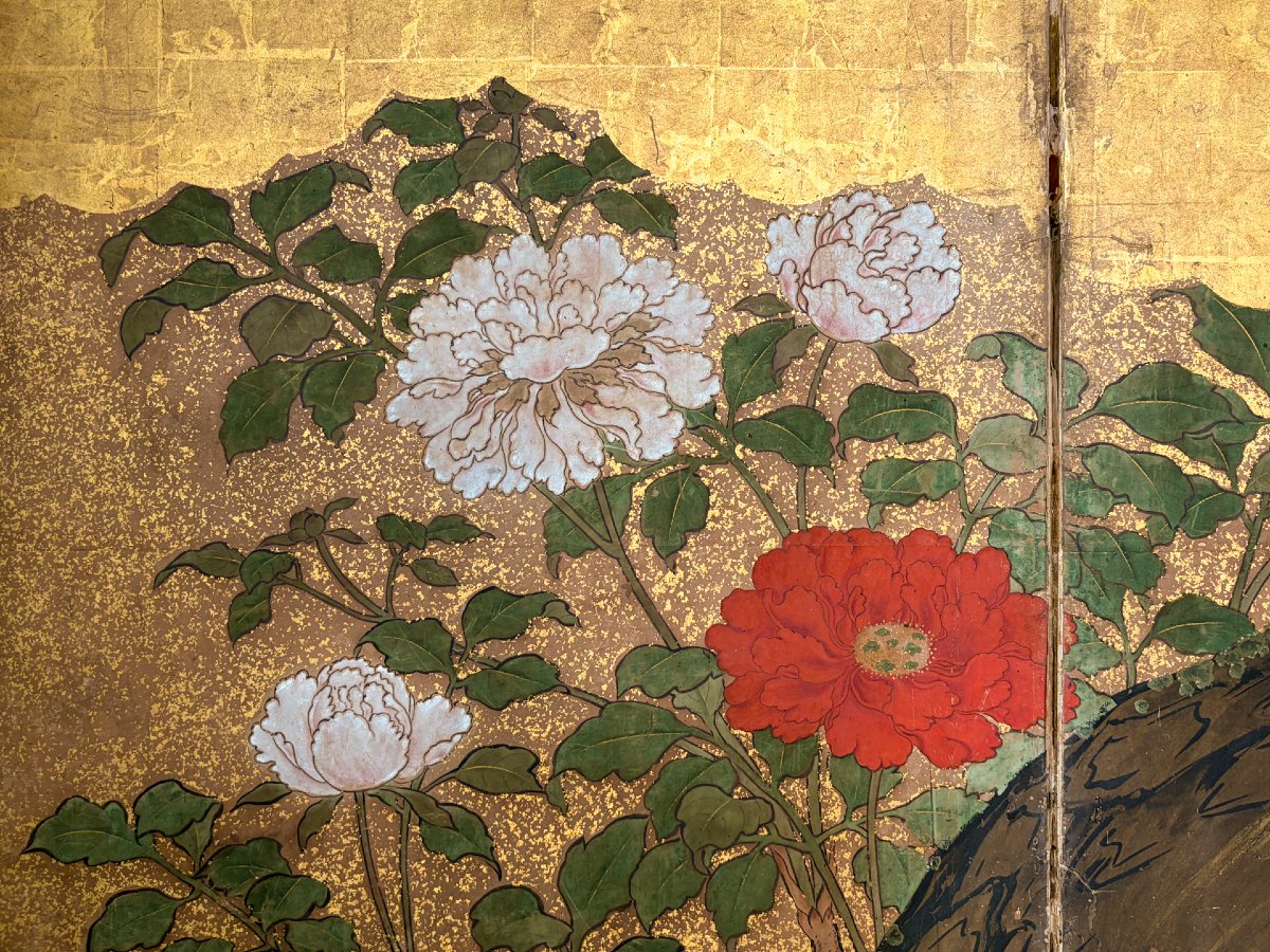 A Six-panel Gold Leaf Screen With Cranes Beneath A Majestic Pine-photo-4