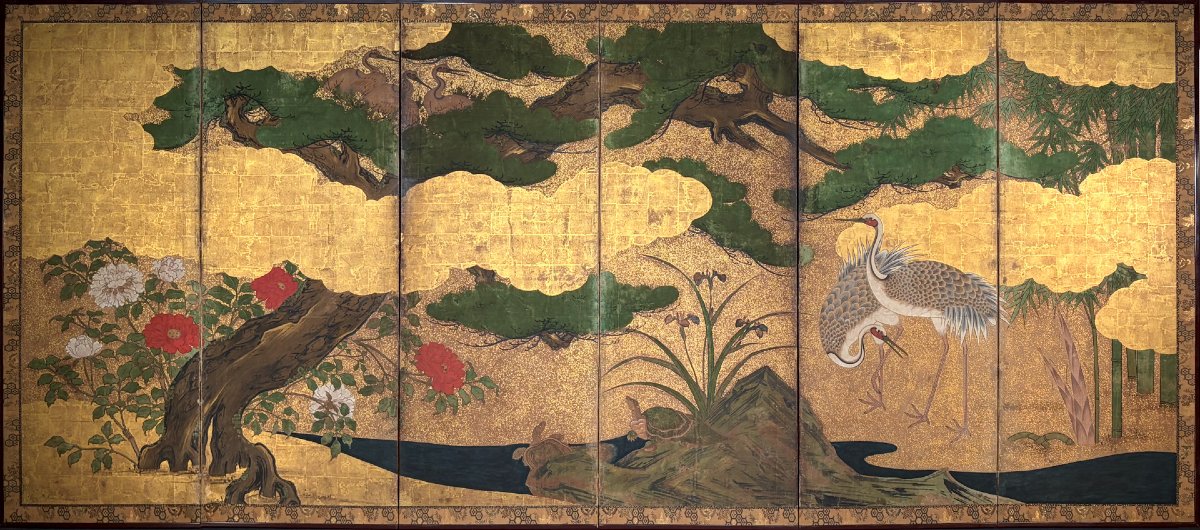 A Six-panel Gold Leaf Screen With Cranes Beneath A Majestic Pine