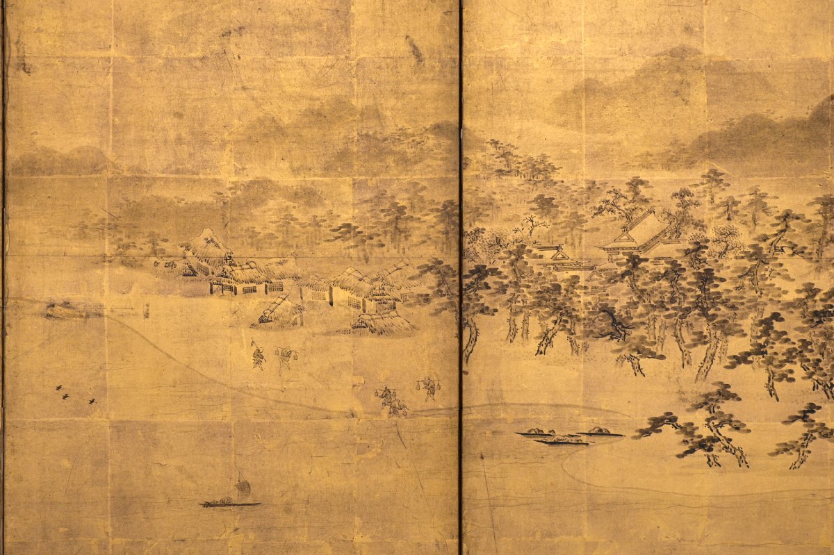 Paravent japonais à six panneaux représentant un paysage de hama sur fond de feuille d'or-photo-3
