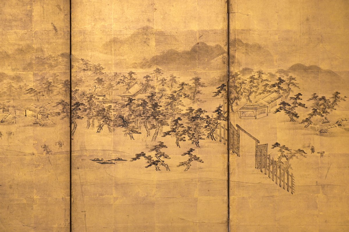 Paravent japonais à six panneaux représentant un paysage de hama sur fond de feuille d'or-photo-4