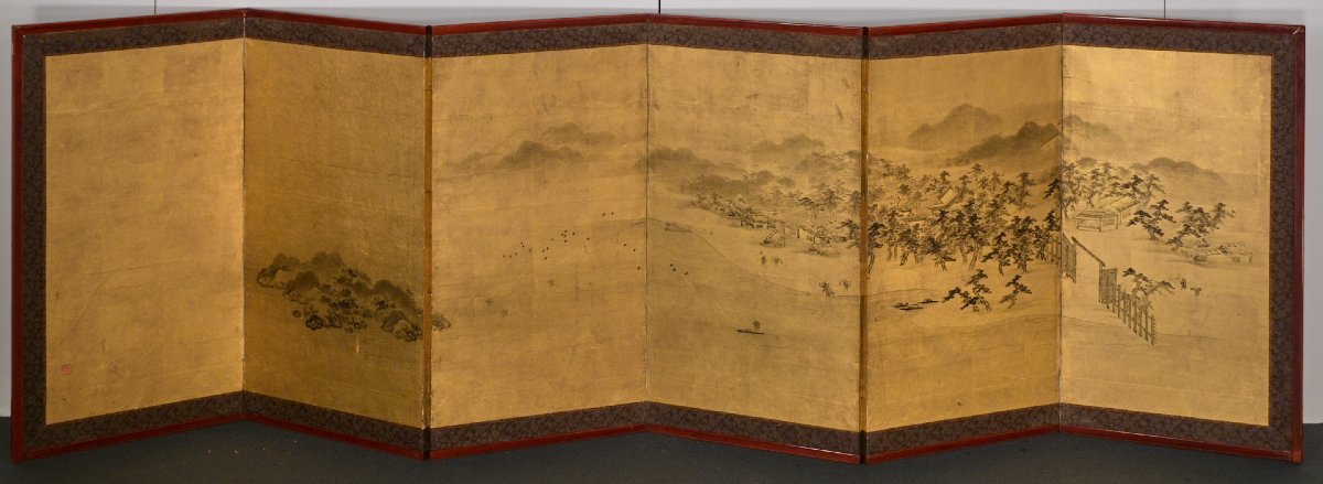 Paravent japonais à six panneaux représentant un paysage de hama sur fond de feuille d'or-photo-1
