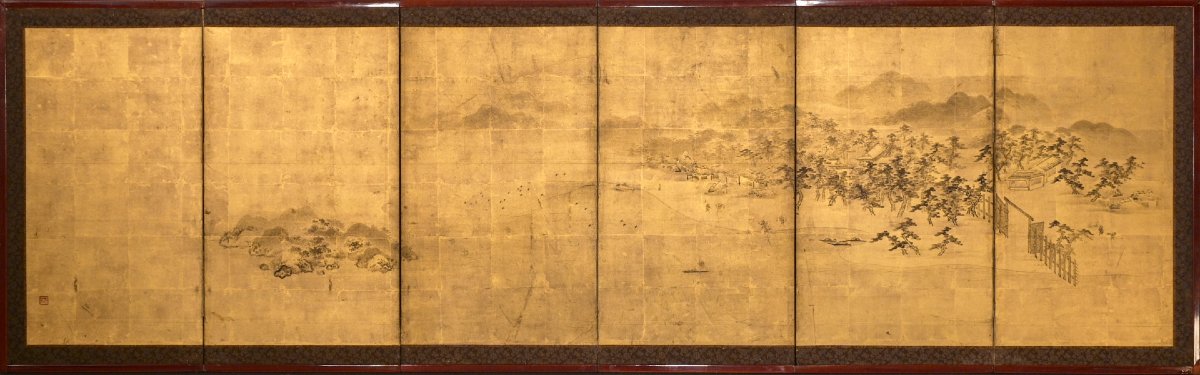 Paravent japonais à six panneaux représentant un paysage de hama sur fond de feuille d'or