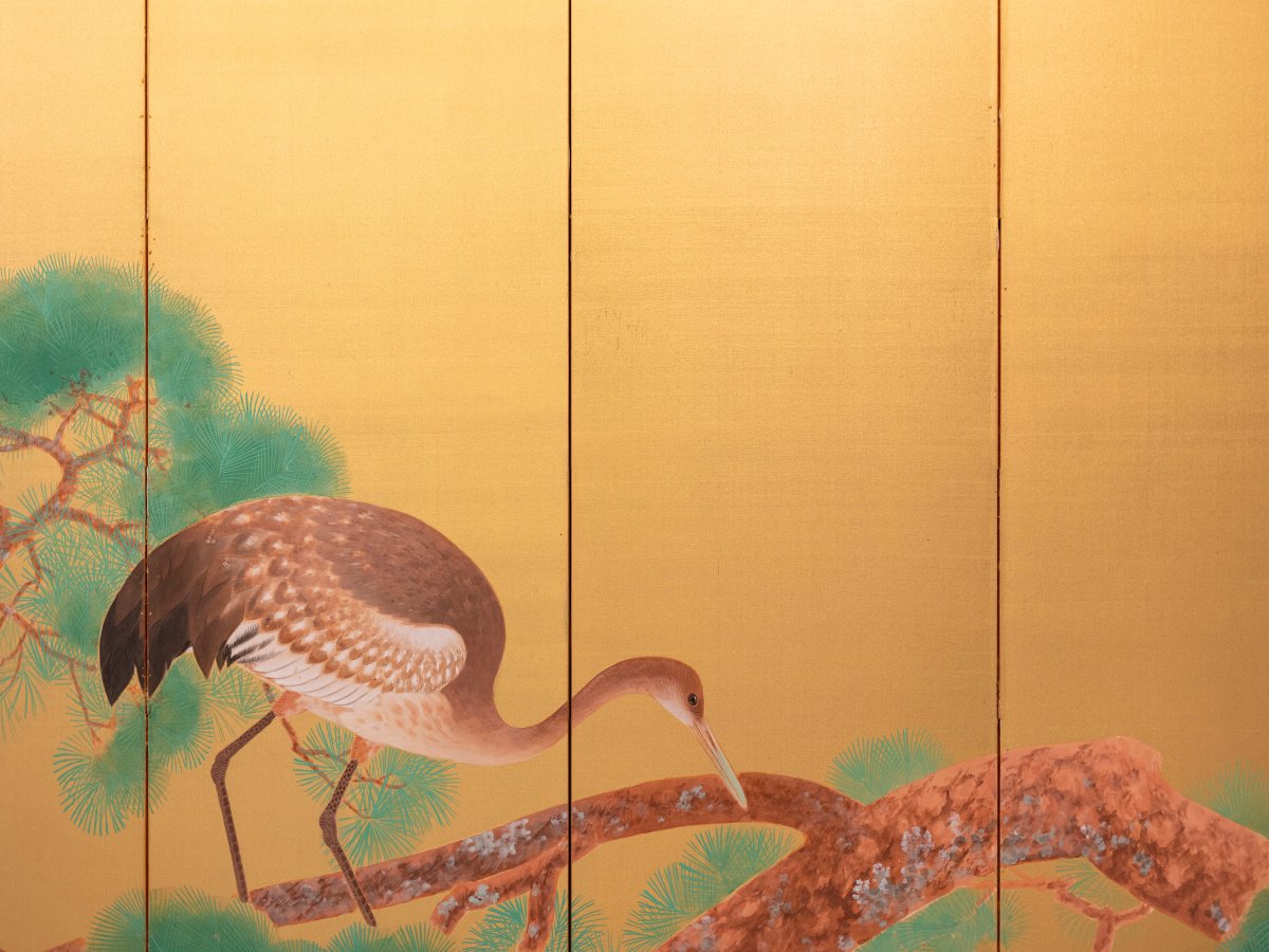 A Six-panel Folding Screen Depicting A Red-crowned Crane On A Pine Tree-photo-4