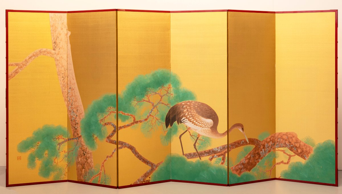 A Six-panel Folding Screen Depicting A Red-crowned Crane On A Pine Tree-photo-1