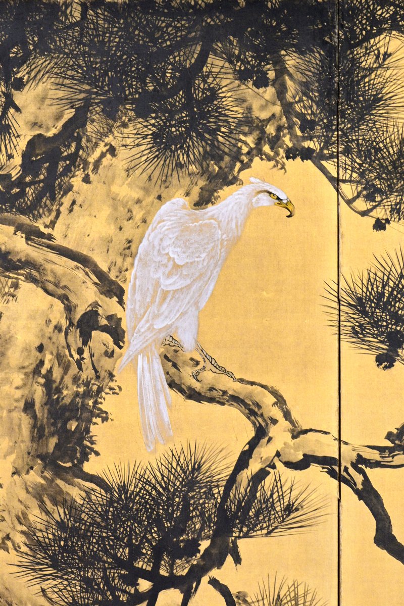 A Two-panel Folding Screen Depicting A Majestic White Eagle-photo-3