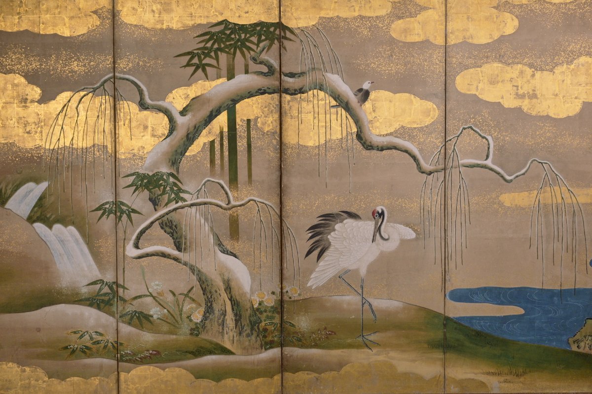 Paravent à six panneaux de l’école Kanō à la feuille d’or, avec un couple de grues du Japon-photo-2