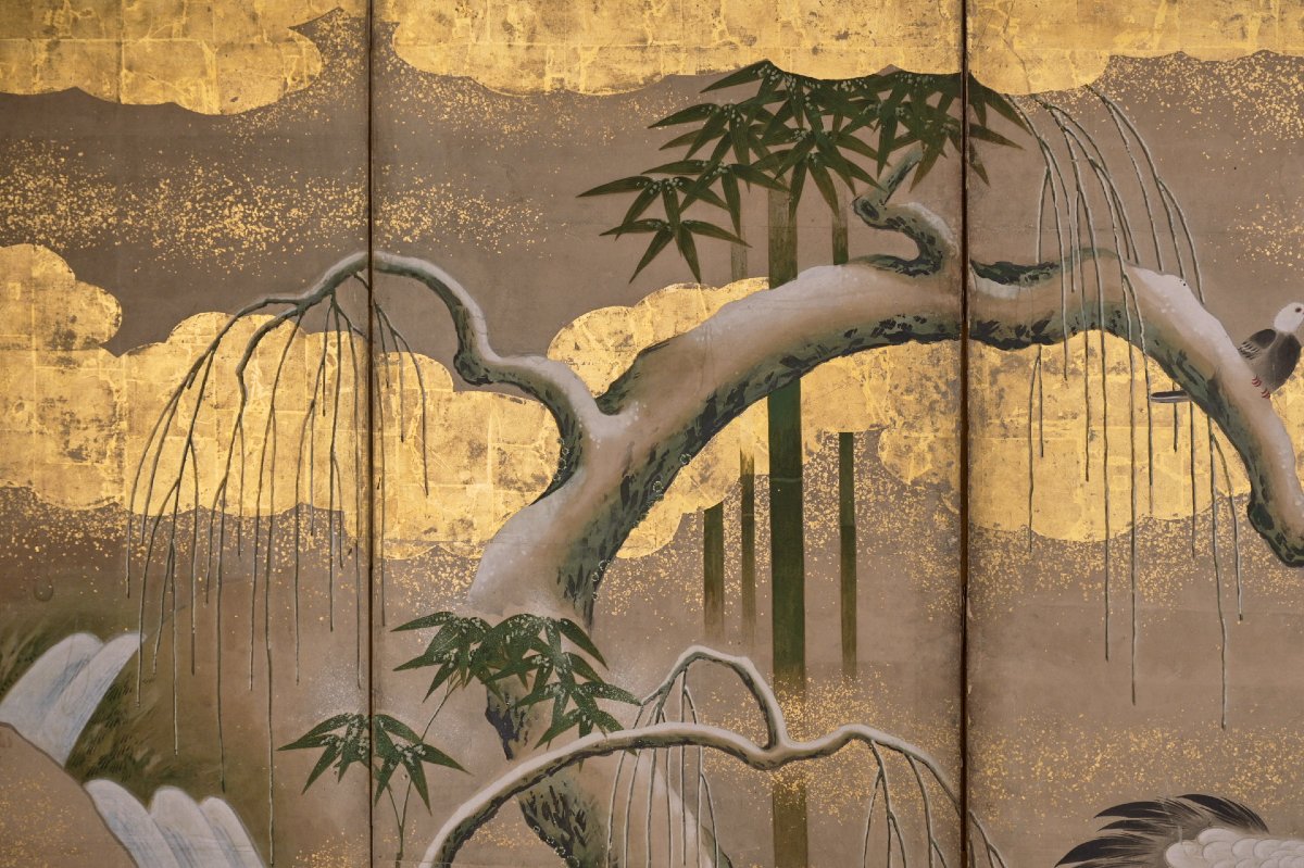 Paravent à six panneaux de l’école Kanō à la feuille d’or, avec un couple de grues du Japon-photo-3