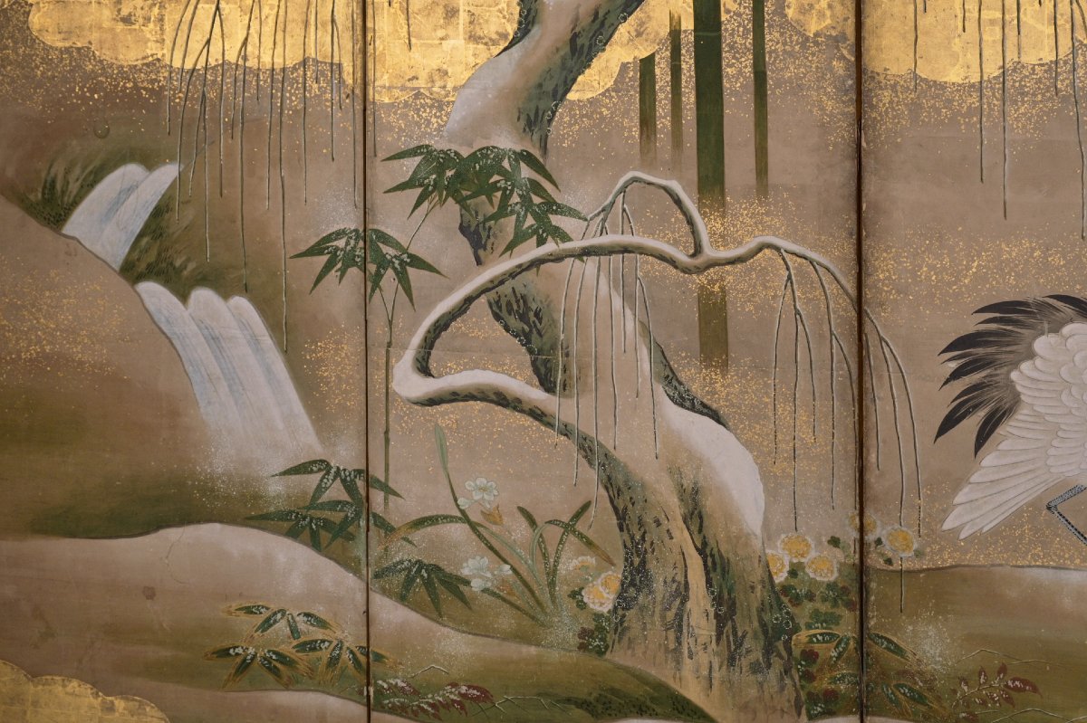 Paravent à six panneaux de l’école Kanō à la feuille d’or, avec un couple de grues du Japon-photo-4