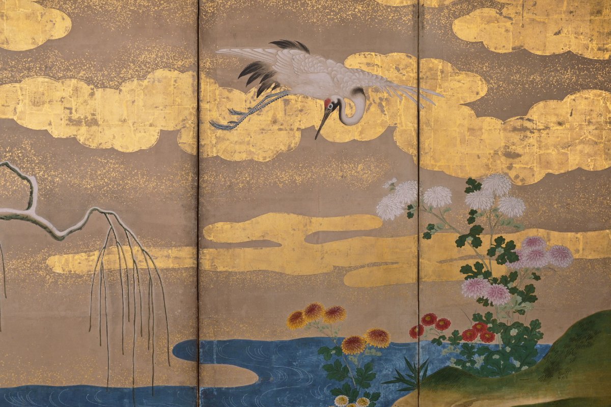 Paravent à six panneaux de l’école Kanō à la feuille d’or, avec un couple de grues du Japon-photo-1