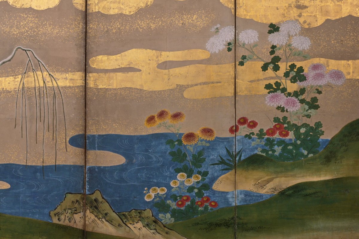 Paravent à six panneaux de l’école Kanō à la feuille d’or, avec un couple de grues du Japon-photo-3