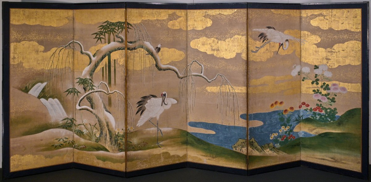Paravent à six panneaux de l’école Kanō à la feuille d’or, avec un couple de grues du Japon-photo-4