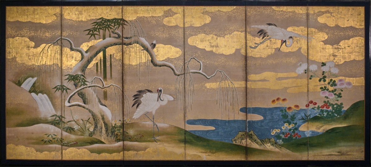 Paravent à six panneaux de l’école Kanō à la feuille d’or, avec un couple de grues du Japon