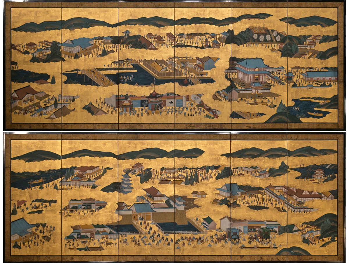 A Pair Of Rakuchū Rakugai-zu Folding Screens Depicting Views Of Kyoto