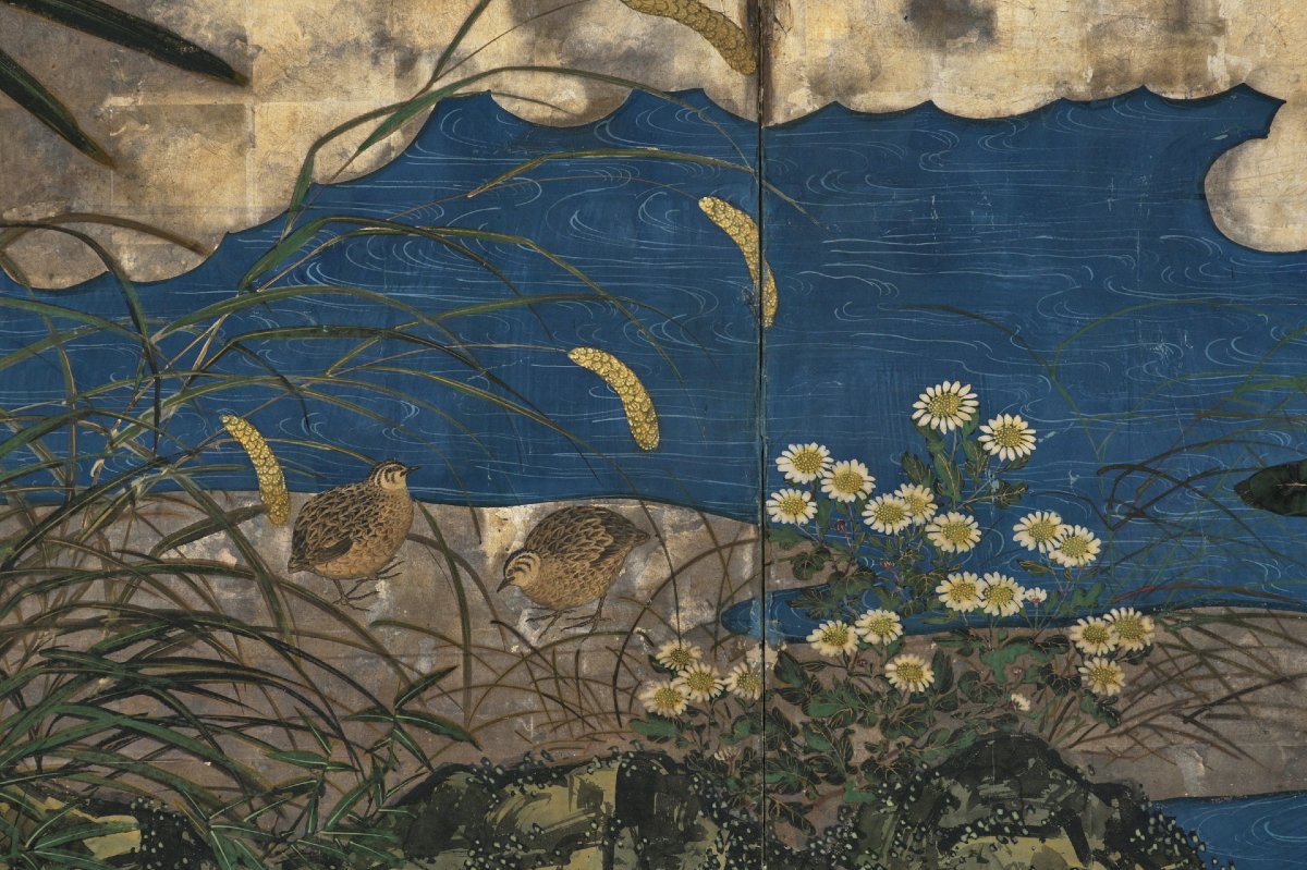 A Six-panel Silver Leaf Folding Screen Depicting A River Landscape-photo-3