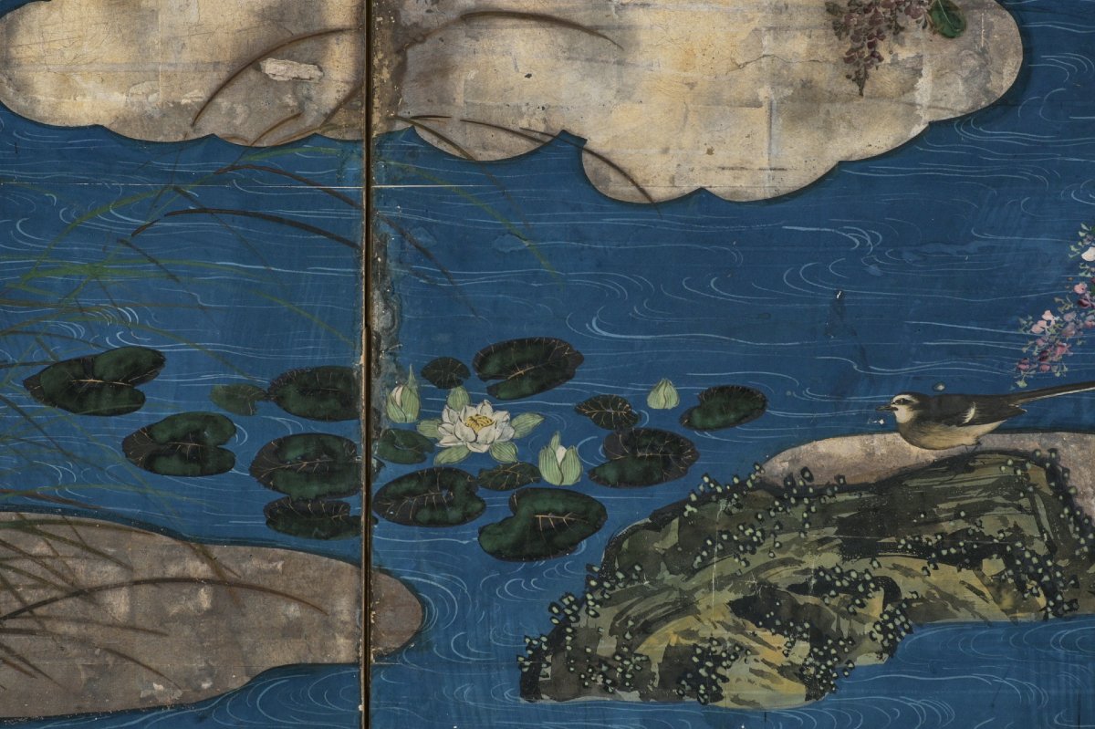 A Six-panel Silver Leaf Folding Screen Depicting A River Landscape-photo-4