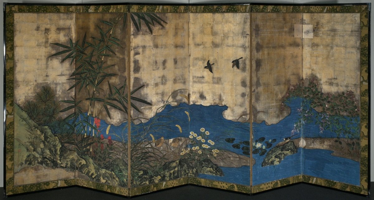 A Six-panel Silver Leaf Folding Screen Depicting A River Landscape-photo-2