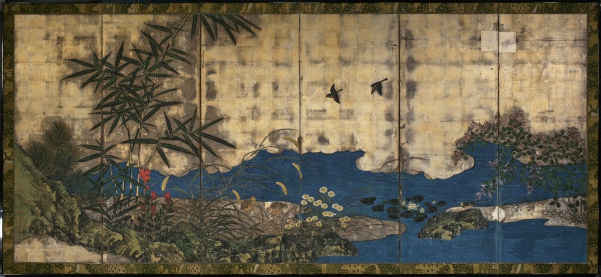 A Six-panel Silver Leaf Folding Screen Depicting A River Landscape