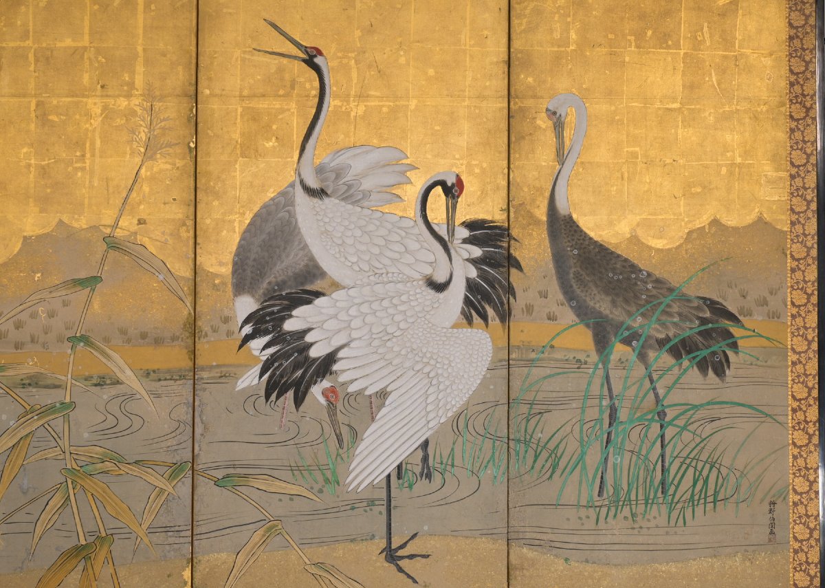 A Pair Of Six-panel Folding Screens From The Kanō School Depicting Manchurian Cranes-photo-1