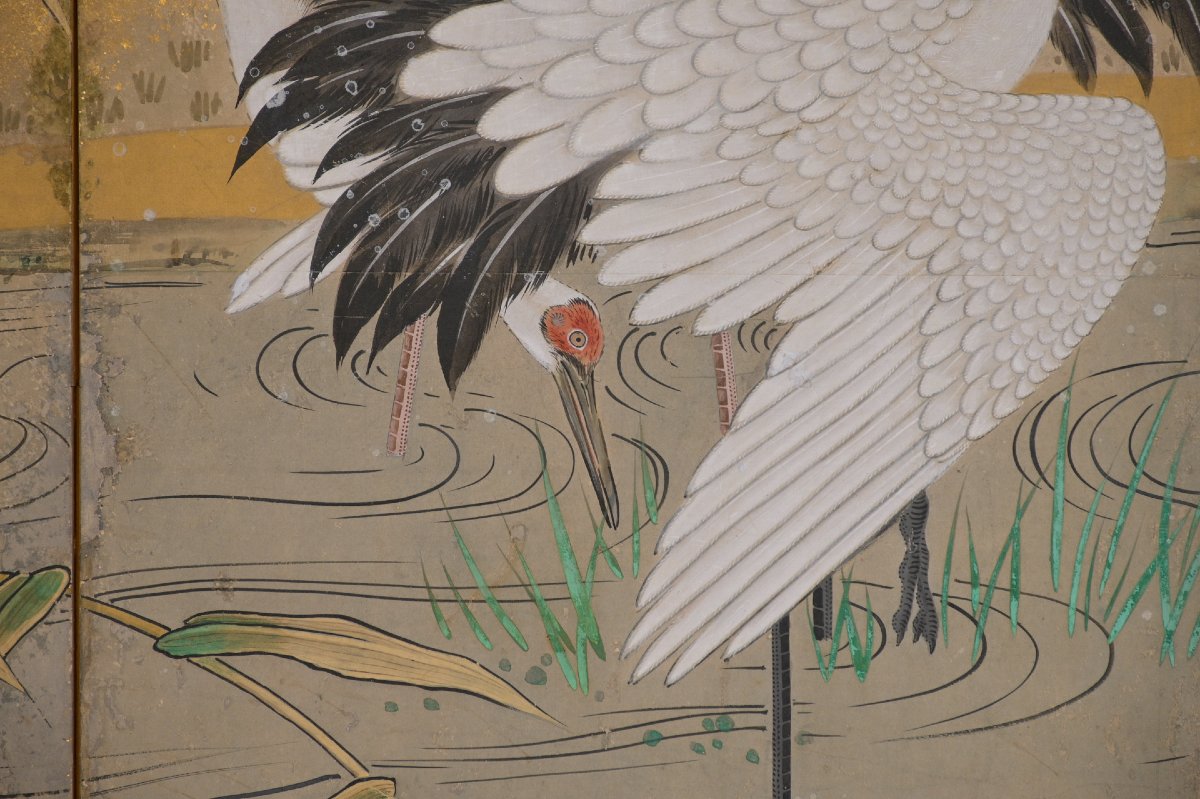 A Pair Of Six-panel Folding Screens From The Kanō School Depicting Manchurian Cranes-photo-2