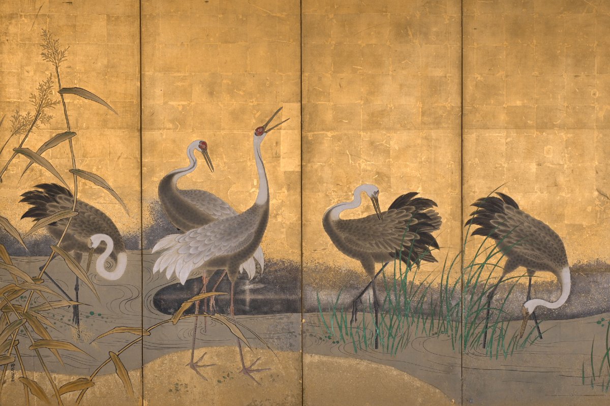 A Pair Of Six-panel Folding Screens From The Kanō School Depicting Manchurian Cranes-photo-4