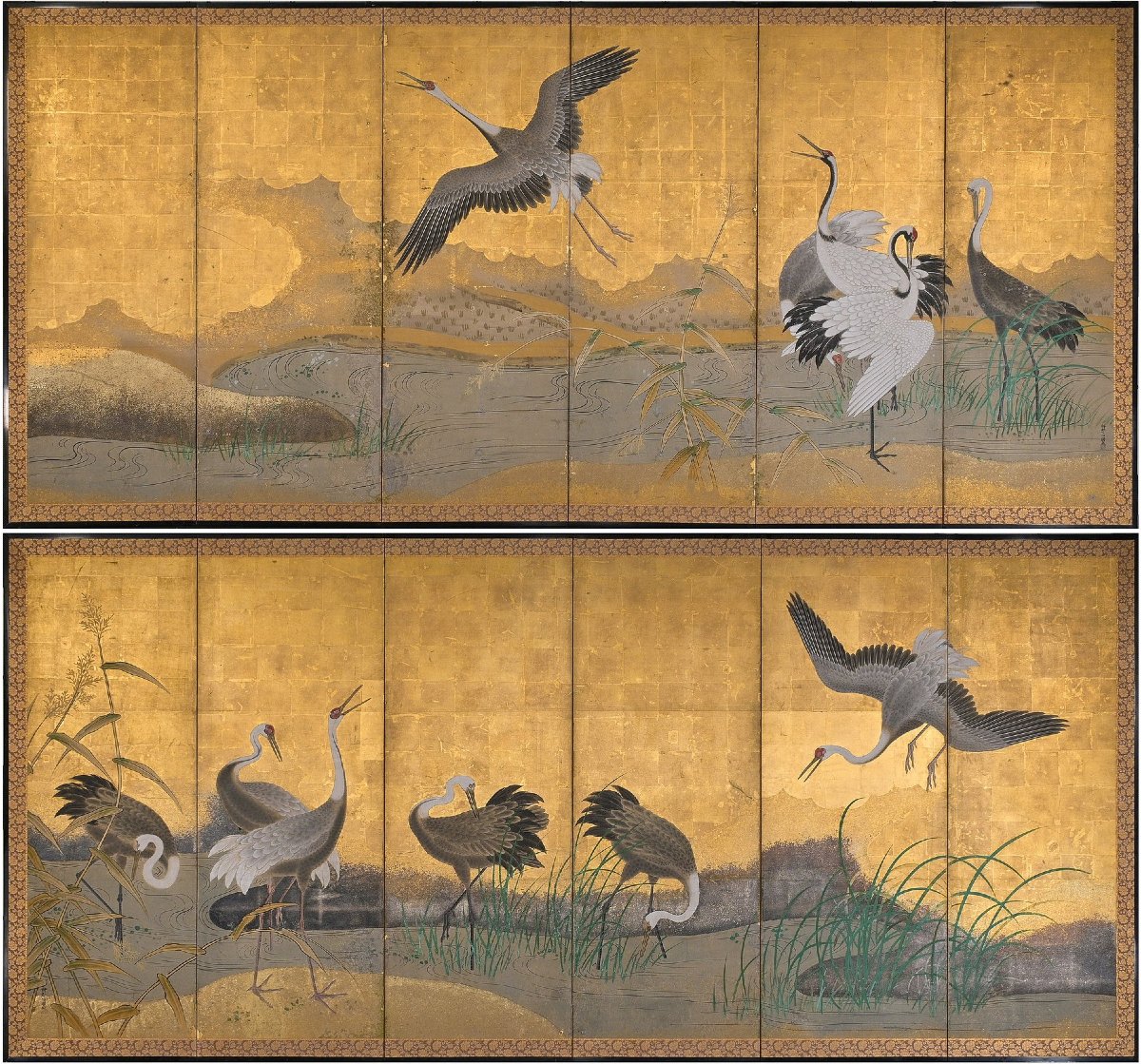 A Pair Of Six-panel Folding Screens From The Kanō School Depicting Manchurian Cranes