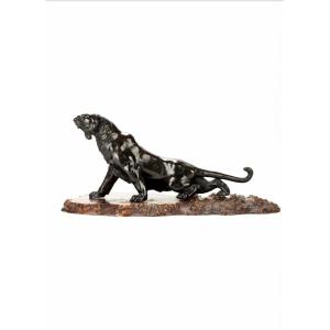 A Japanese Bronze Okimono Depicting The Study Of A Panther