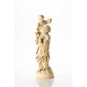 An Ivory Okimono  Depicting A Farmer With An Onagadori Rooster And A Child