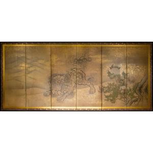 Paravent à six panneaux représentant un shishi, signé Hōgen Kosensō Hitsu Kano Tsunenobu