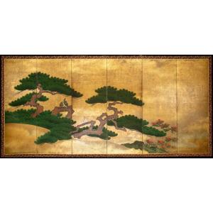 Paire de paravents pliants à six panneaux représentant deux pins (matsu)
