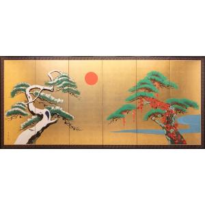 Paravent à six panneaux avec pins sous le soleil rouge