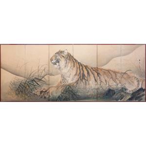 A Six-panel Screen Depicting A Majestic Tiger