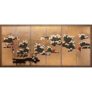A Six-panel Paper Screen Depicting A Chrysanthemum Garden