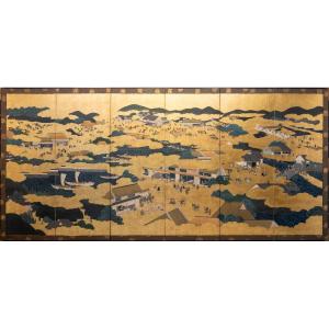 A Six-panel Folding Screen Depicting A Rakuchū Rakugai Zu View