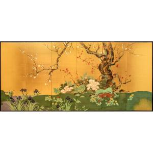 A Six-panel Folding Screen Painted On Silk Depicting A Spring Garden