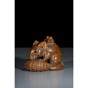 A Boxwood Okimono With Two Mice And A Millet Ear, Signed Ikko