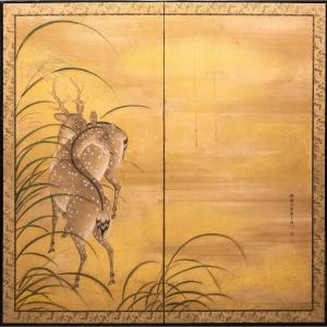 A Two-panel Folding Screen With A Pair Of Deer