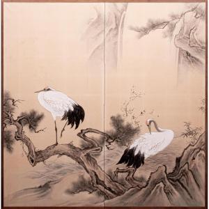 A Japanese Two-panel Screen With Manchurian Cranes And Pine